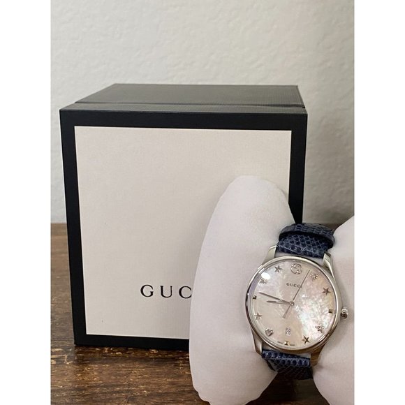 New Gucci G-Timeless Mother of Pearl Dial Blue Lea display picture 3